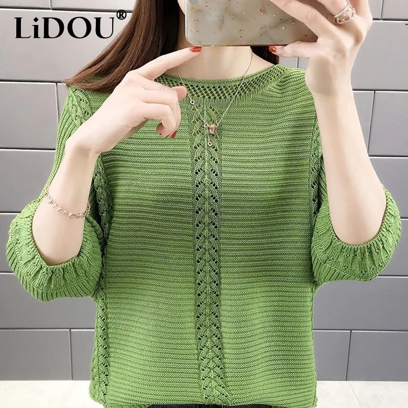 Autumn Winter Casual All-match Knitting Hollow Out Sweater Women Half Sleeve Fashion Loose Pullover Solid Simple Female Clothes