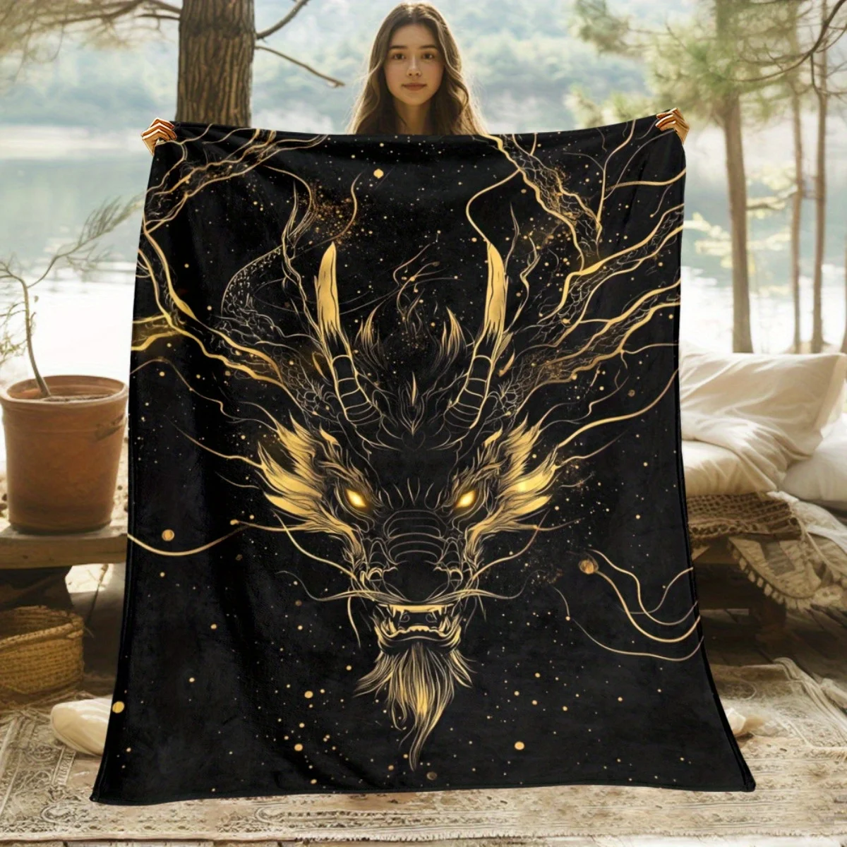 

Одеяло Black Dragon — роскошное черно-золотое, мягкое фланелевое всесезонное покрывало для кровати, дивана, путешествий и офиса — современный фэнтезийный подарок