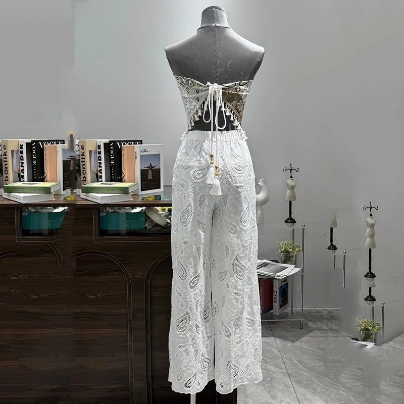 Pantaloni scavati ricamati stile vacanza da donna, pantaloni larghi con sciarpa quadrata, dritti di alta qualità, estate, novità2025