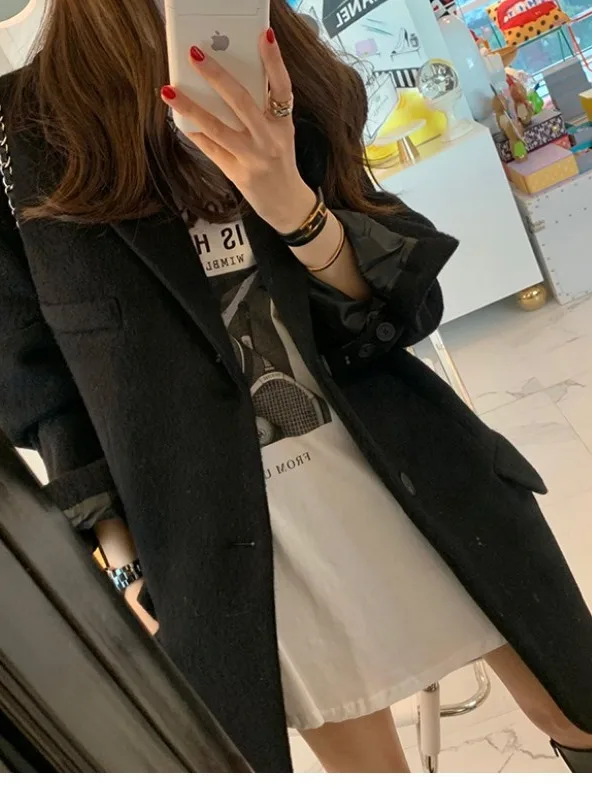 

Faionable Bla Woolen Suit Jaet Women's Cotton Lined Outerwear ort Sle Commute Thiened Design Street Sle Trendy