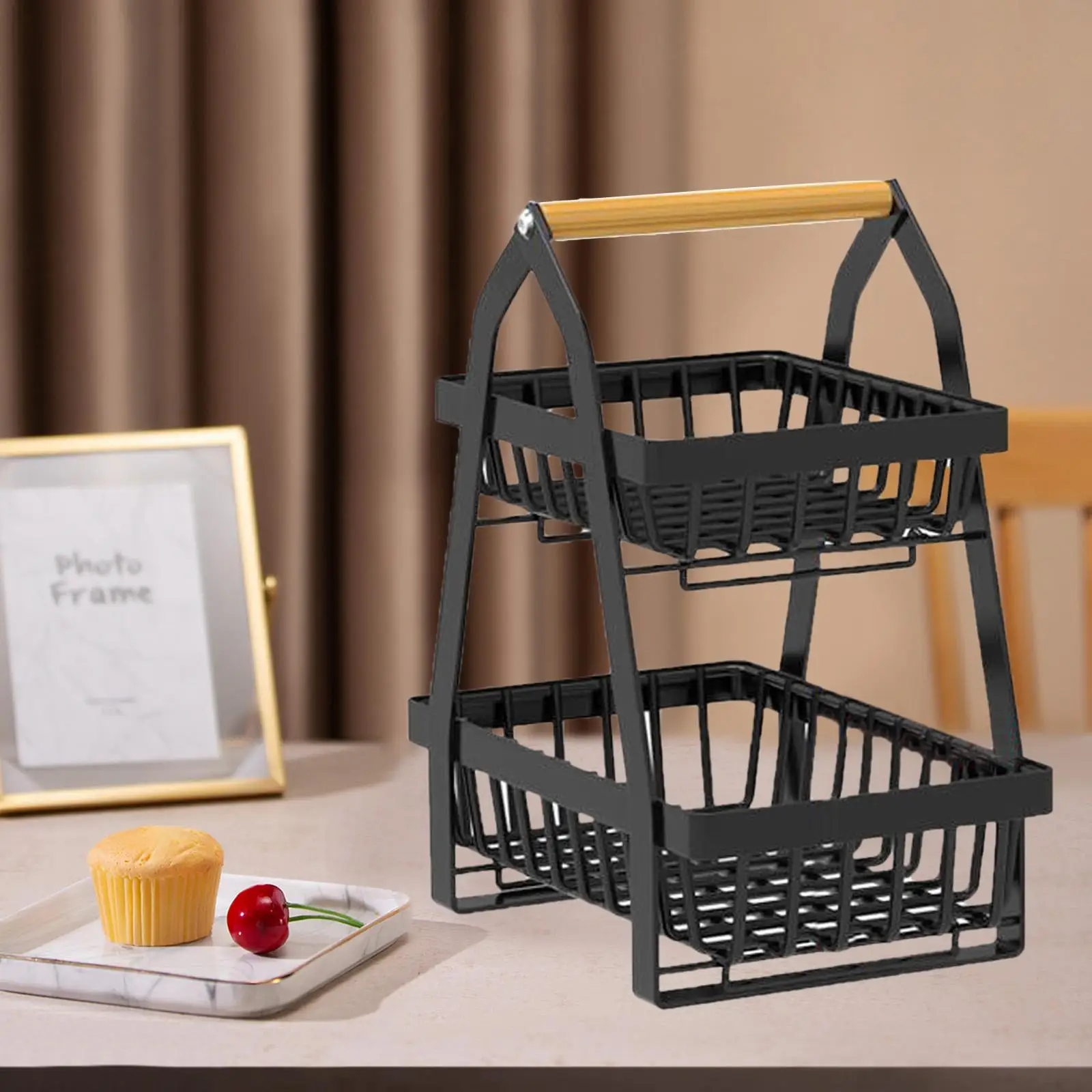 2 Tier Bread Vegetable Farmhouse Fruit Basket Bowl Stand for Dining Room Countertop Black Storage Basket Home Decoration