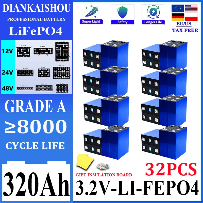 32 pz 8000 cicli 3.2V 320Ah Lifepo4 batteria grado A batterie ricaricabili fai da te 24 v48v RV EV barca Yacht furgoni celle Pack duty-fre