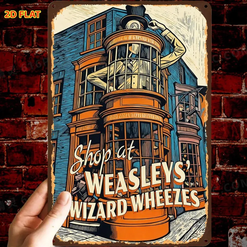 1pc 2D Flat Retro Weasleys Wizard Wheezes Metal Sign Pre Drilled Holes Indoor Outdoor Home Toilet Office Wall Decor