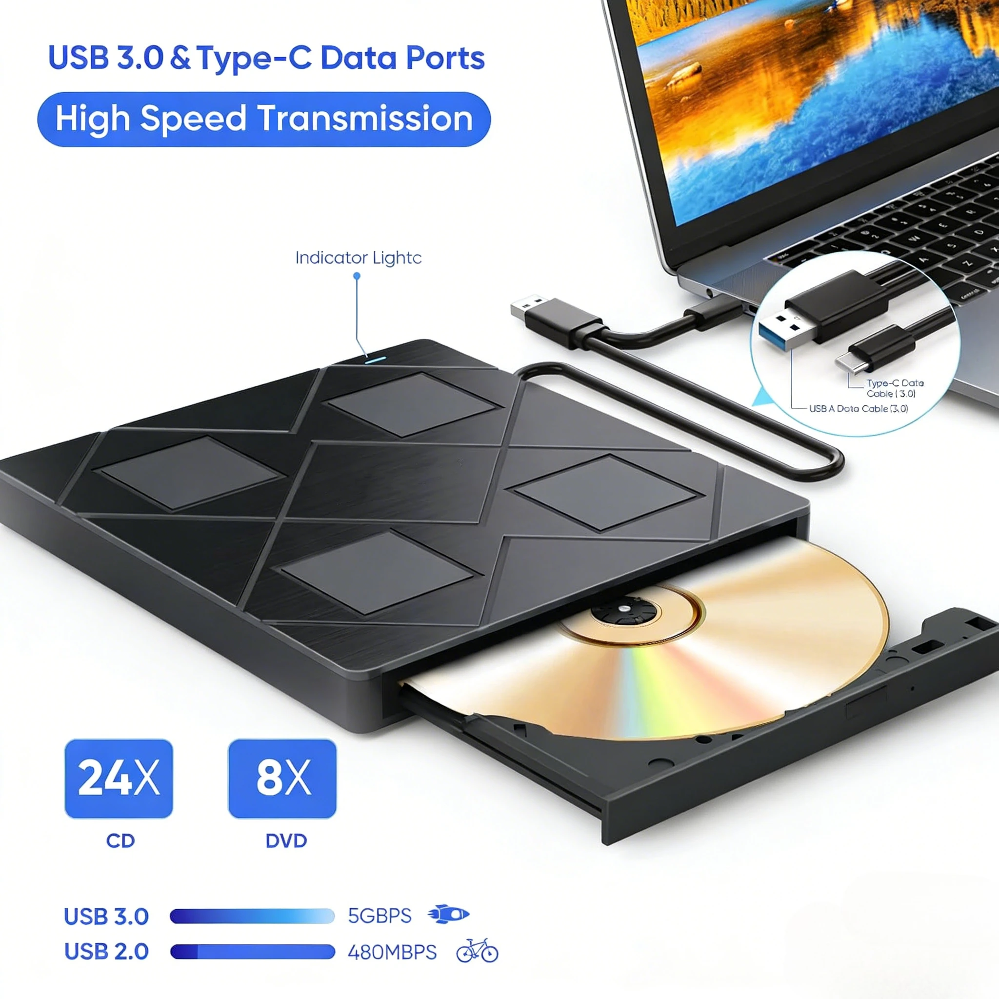 

Портативный внешний привод для компакт-дисков и DVD 5 в 1, USB-порты, слоты для TF SD-карт, проигрыватель CD-DVD для ноутбуков, настольных ПК