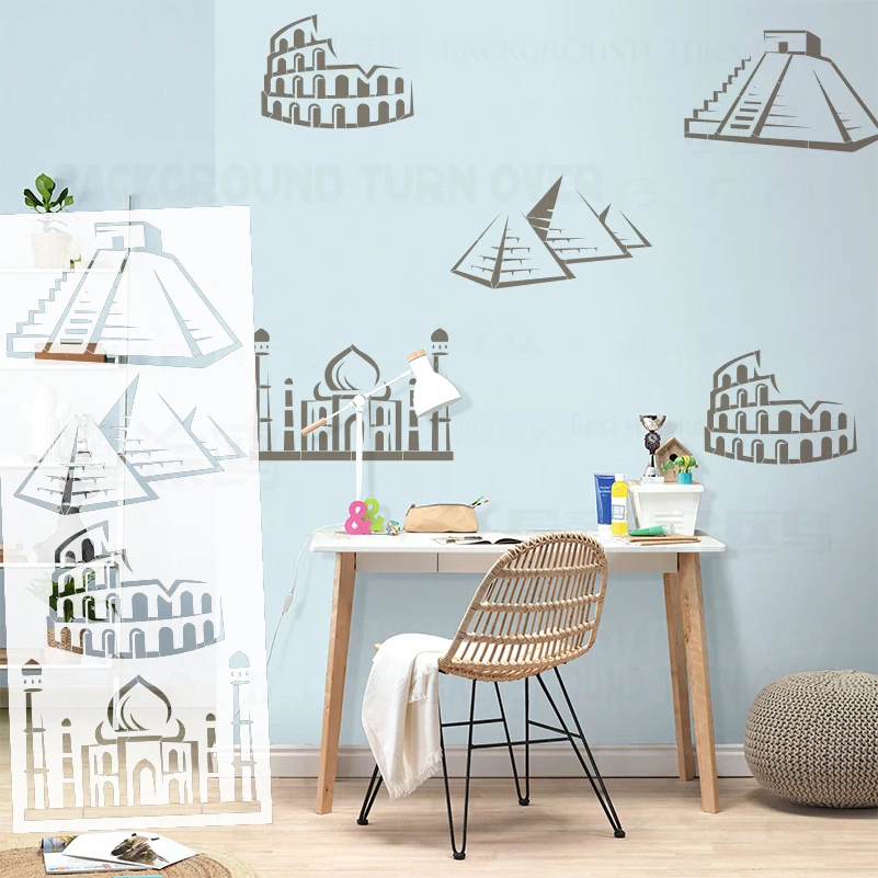 73 سنتيمتر-12 سنتيمتر جدار استنسل للرسم الجص تخصيص قالب لطلاء معالم مجموعة الهرم الكولوسيوم تاج محل S656 #1