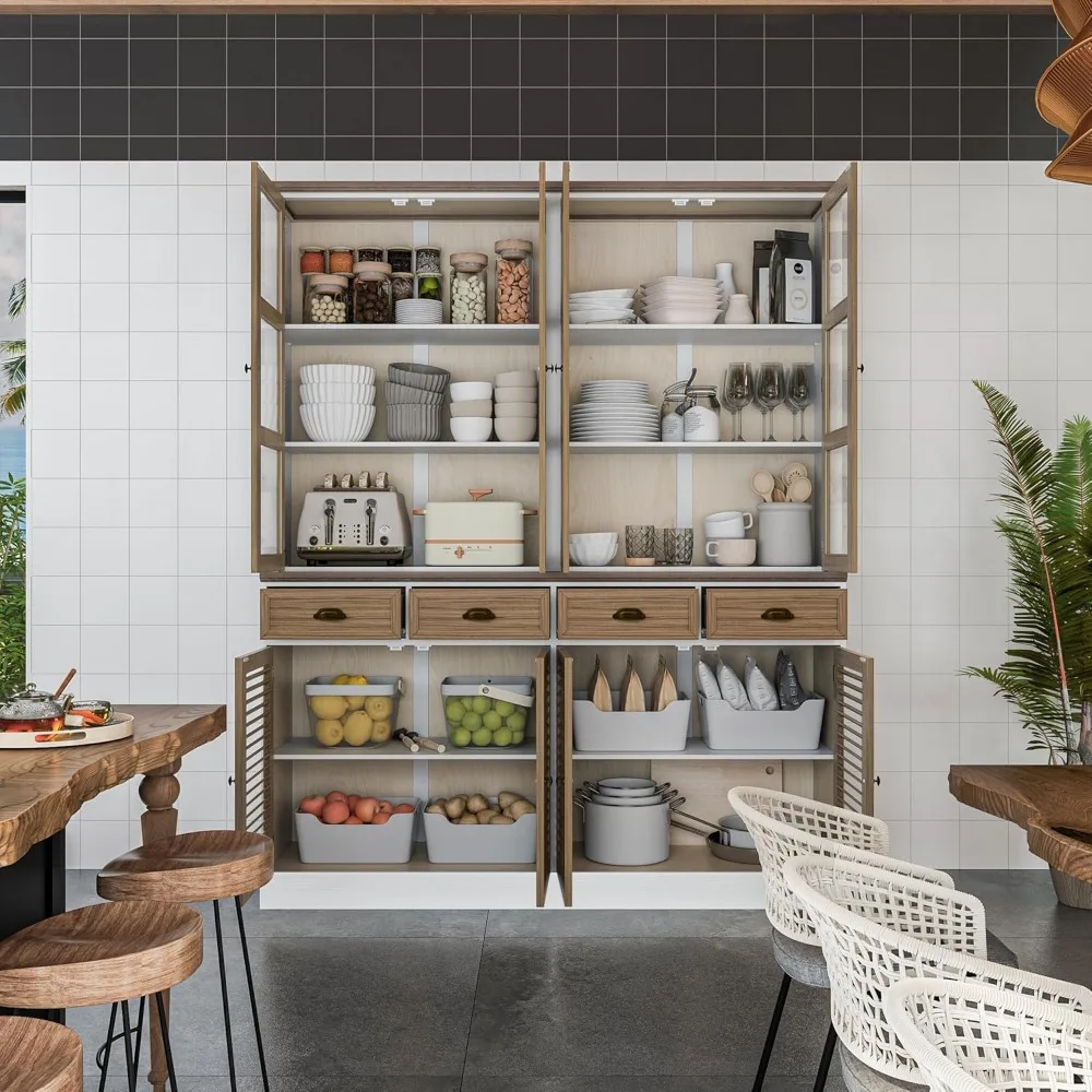 Pantry Storage Cabinet with Glass Doors, Modern Kitchen Hutch Cabinet Buffet Cabinet with Louver Doors, Kitchen Sideboard