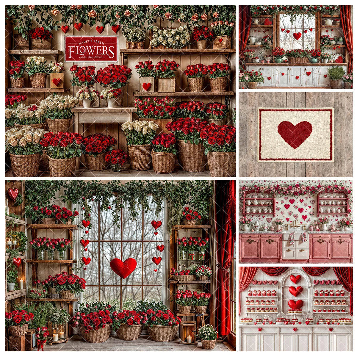 Red Heart Valentine's Day Backgrounds Roses Shop Adult Kids Photocall Props Spring Kitchen Backdrops Lover Portrait Photostudio