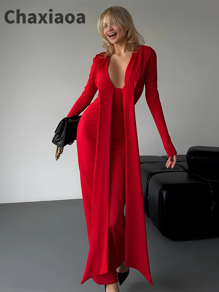 Chaxiaoa Sexy Women Maxi Dress Simple Long Sleeve Deep V-Neck Super Ribbon Ruched Stretchy Elegant Skinny Peach Hip Bodycon