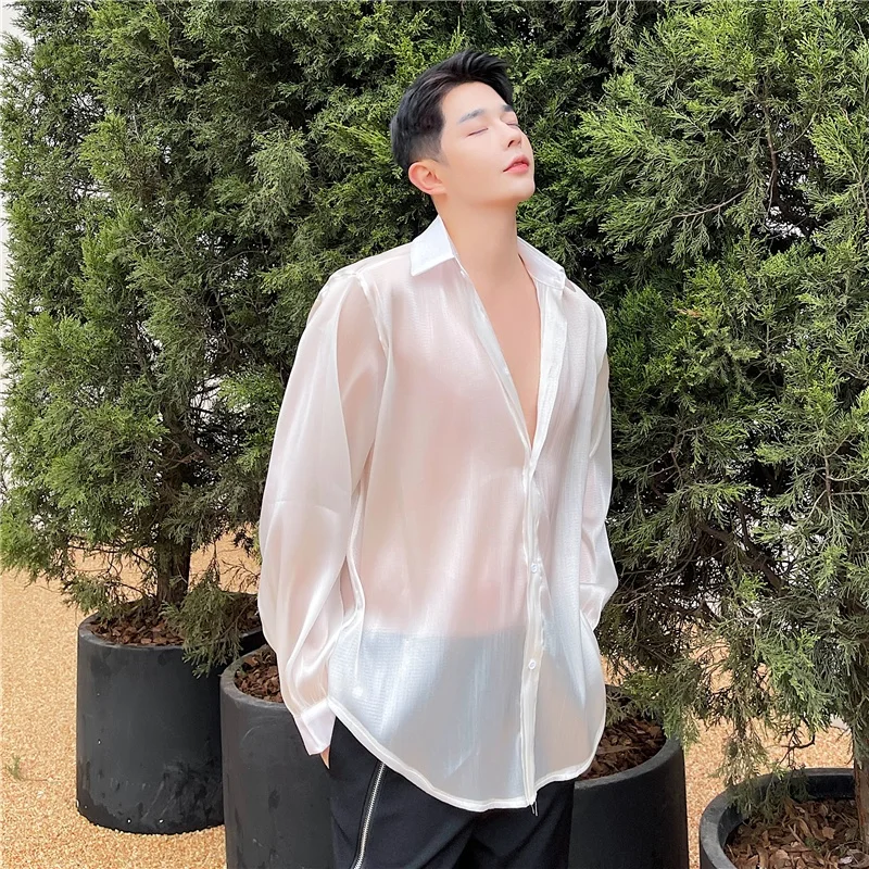 

Silk Smooth Acetate Long Sve irt Men's Club Stage Clothing Thin Me Bright Luminous Polyester Summer Cool Feeling irt