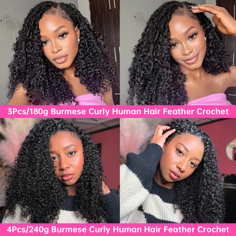 100% Human Hair Feather Crochet Pre Looped Invisible Miracle Knots Burmese Curly Hair Feathered Crochet Human Hair 1B Natural Colored Pre Braided Deep Wave Curly Hair Weave Bundles Remy Human Hair Extensions 18 20 22 24 Inch Free Shipping view 6