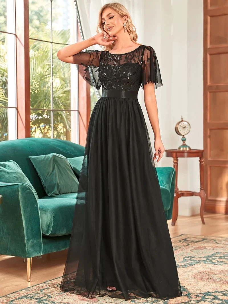 Elegante Abendkleider mit Pailletten-Print, Maxi-Länge, mit Flügelärmeln, A-Linie, Ever Pretty aus Gaze, Burnt Orange Brautjungfernkleid – Detail 9
