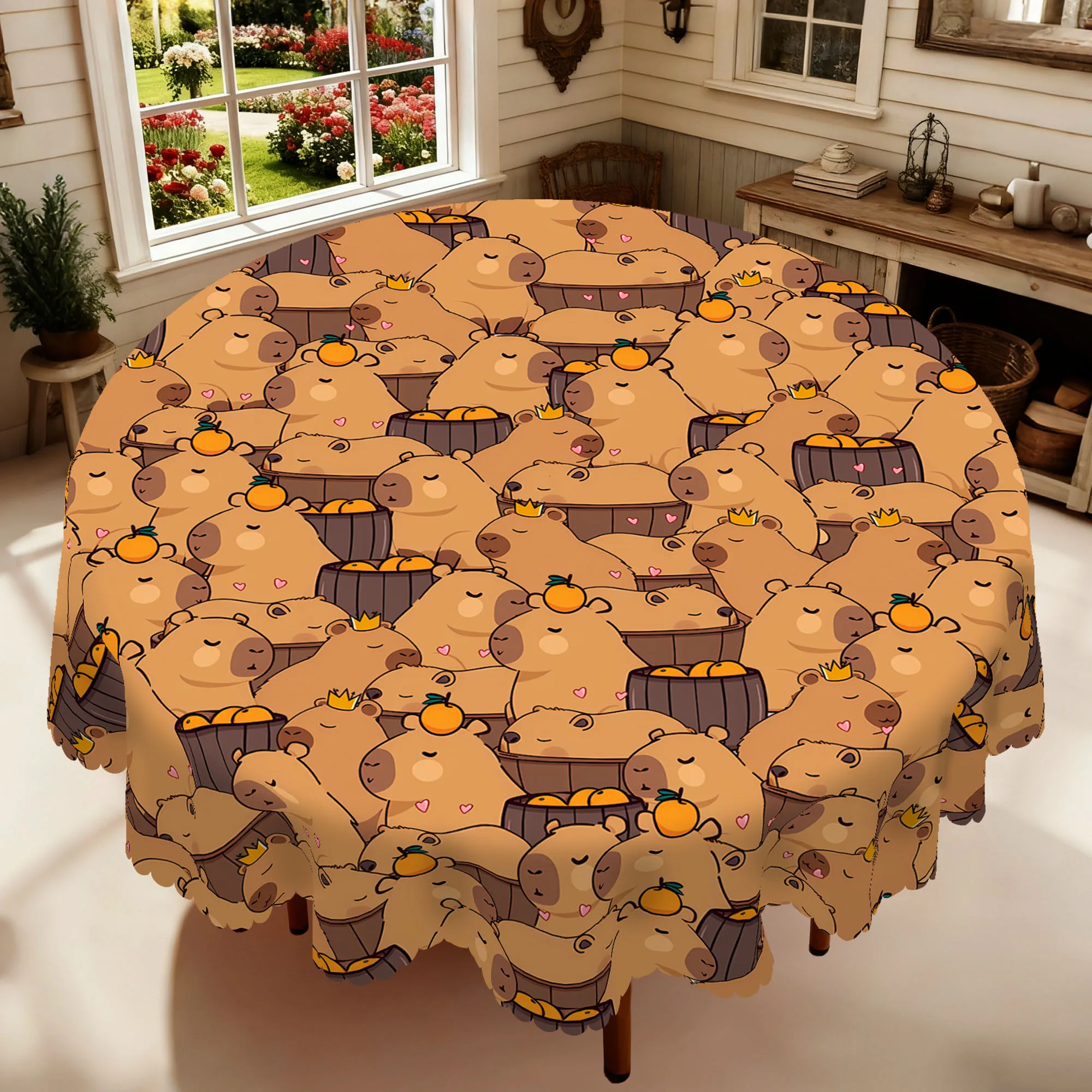 1 Piece of Cute Capybara Round and Rectangular Tablecloth, Available in 5 Sizes, Featuring Soft and Adorable Capybara and Sweet Oranges with Heart Elements, Q-Version Full-Printed Tablecloth with Embossed Edges, Healing-Style Cute Pet Tablecloth Decoration, Suitable for Daily Use in Home Kitchens and Patios, Cute Style Decorative Gift, Healing-Style Home Decor Gift