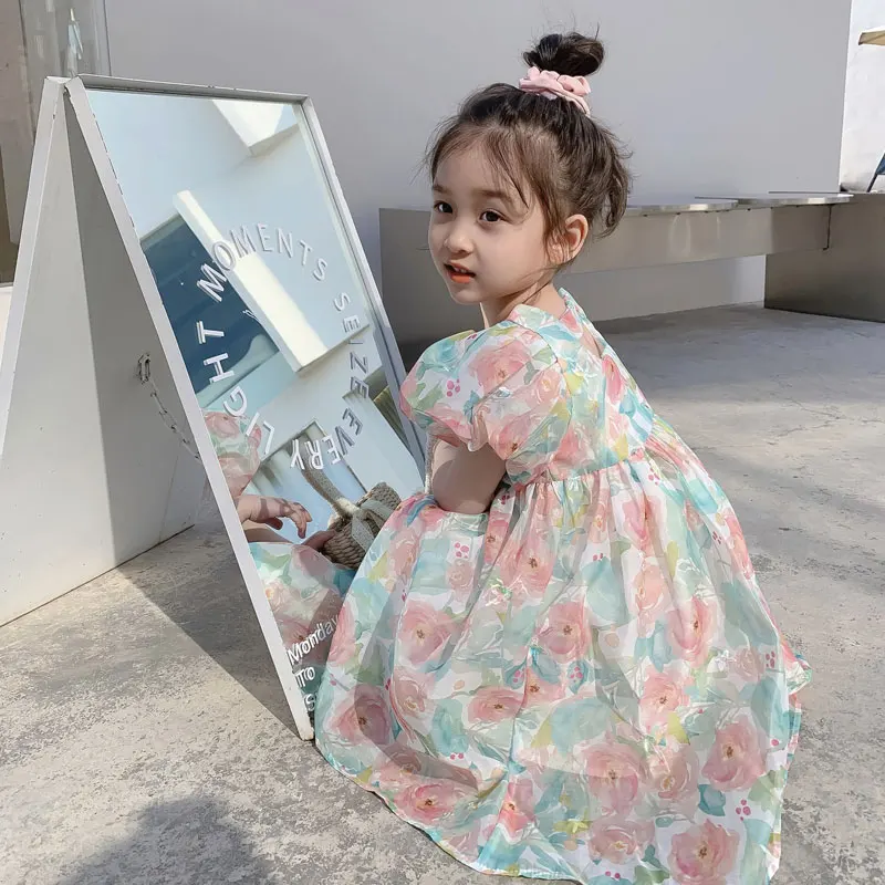 Girls Dress Korean Version Cute O-Neck Short Sleeve Children's Frock 2023 New Summer Loose Leisure Irregular Dresses