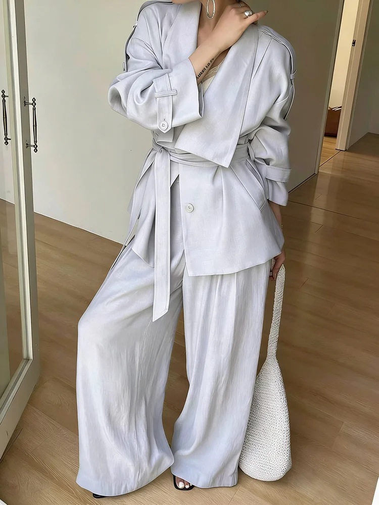 

BJTZ 2026 Spring Autumn Women Solid Lapel Tie Waist Jacket Wide Leg Pants Set Elegant Office Two Piece Outfits