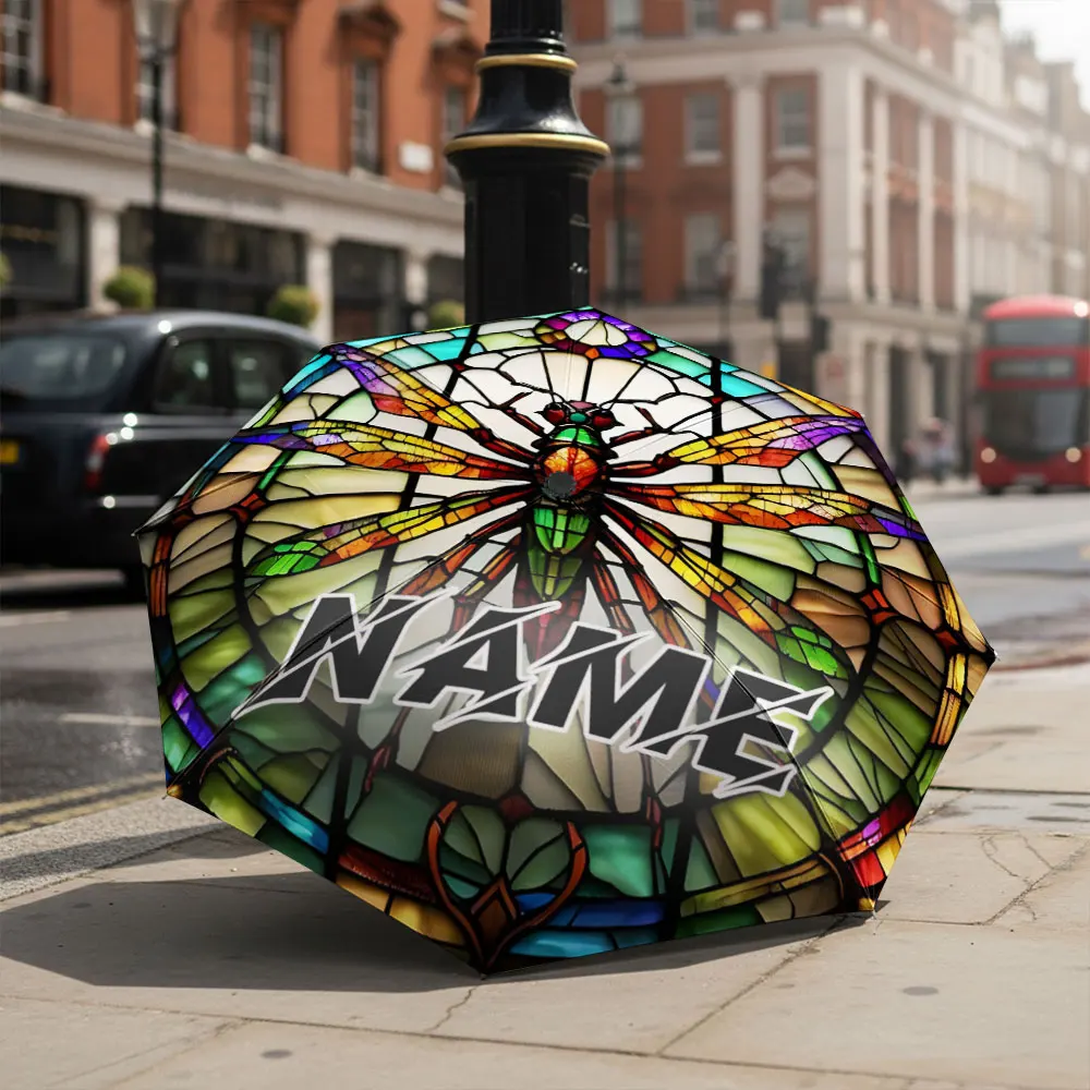 Custom Name umbrella, Stained Glass Dragonfly Umbrella -Fashion Folding Umbrella for Sunny and Rainy Days, Christmas Gift