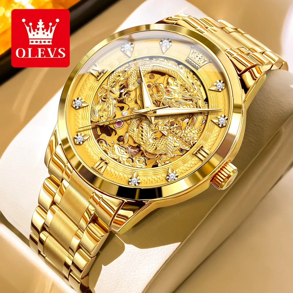 OLEVS Men Watches Top Brand Luxury Gold Original Automatic Mechanical Wristwatch for Man Dragon Pattern Dial Waterproof Luminous