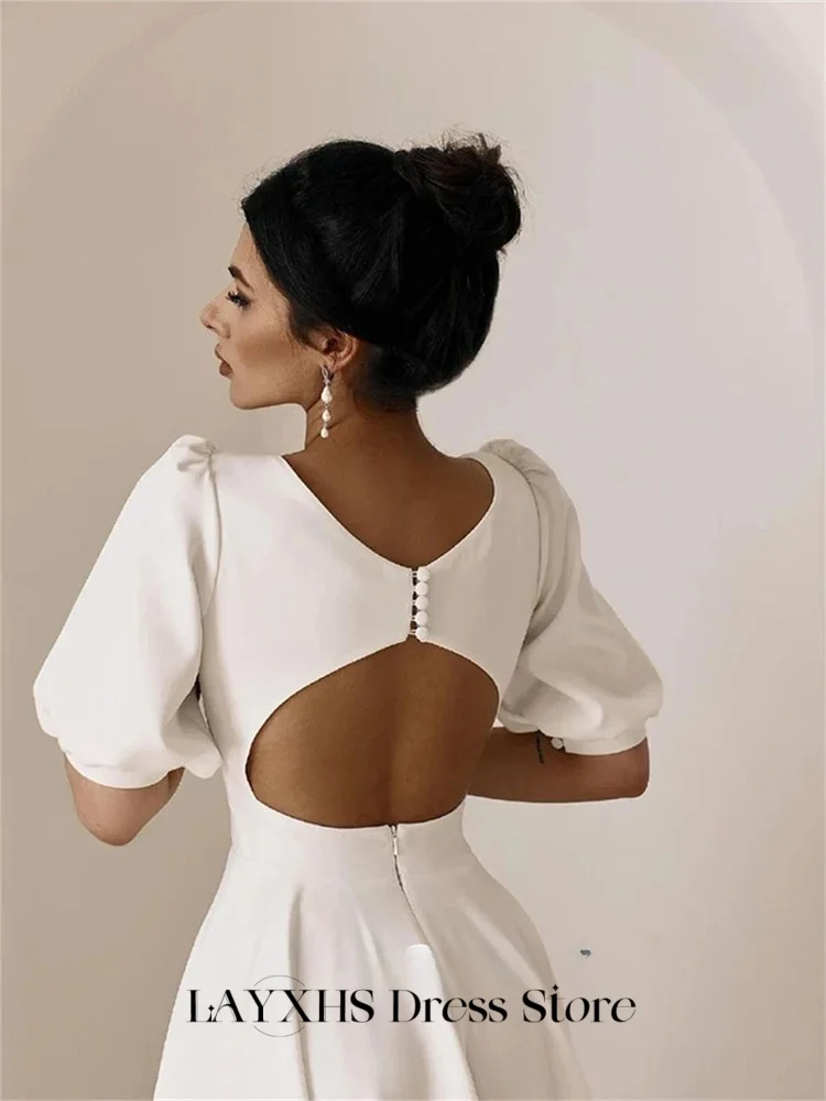 LAYXHS-vestidos de Noche sencillos, corte en A, cuello redondo, media manga, botones, espalda descubierta, vestidos de graduación plisados, batas de fiesta personalizadas