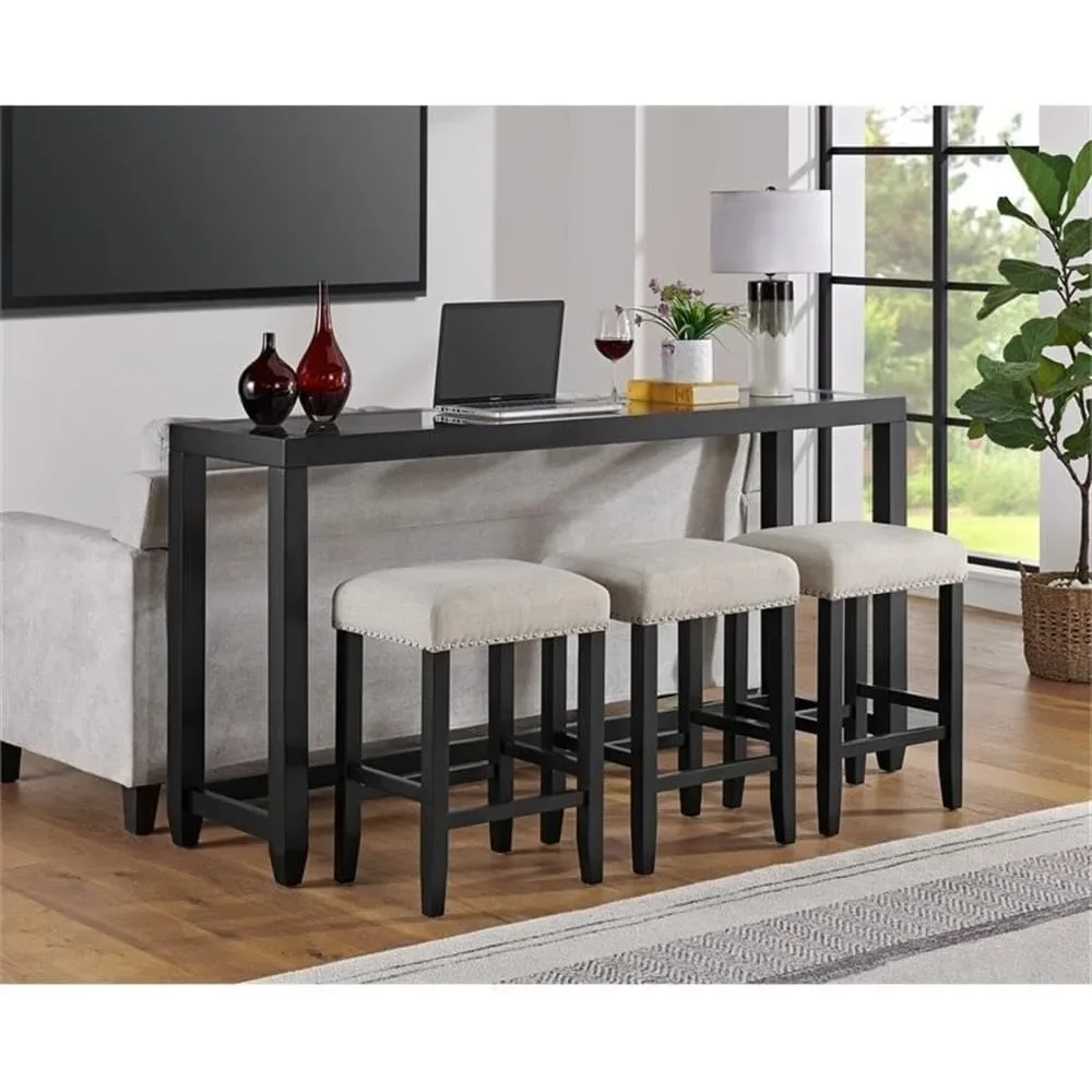 Cordero 72" Glass Top Black Console Bar Table and 3 Stools Set