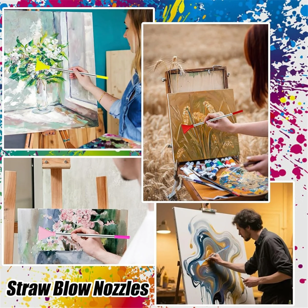 

AA98 4PCS Stainless Steel Straw Blow Nozzles Set for Acrylic Paint Pouring Supplies,Painting Nozzle Tool with 4Size Nozzles,D