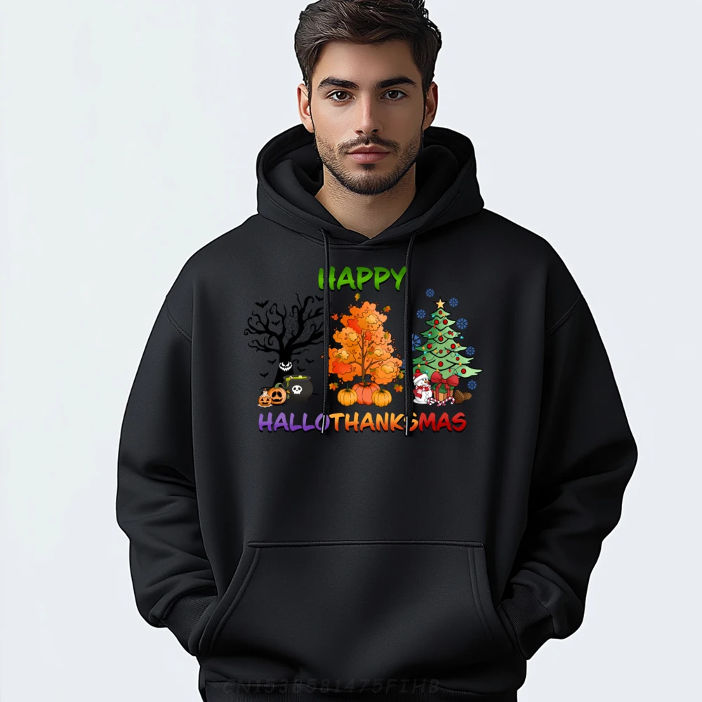 

Trees Happy Halloween Thanksgiving Christmas Green And White Graphic Hoodie Female Men's Clothing Classic