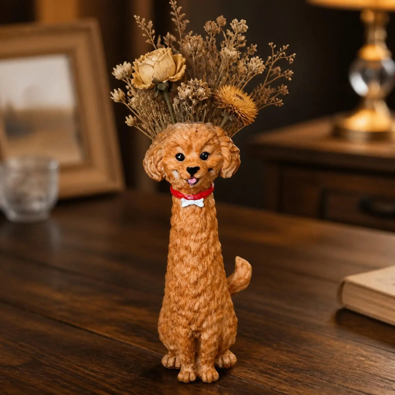 Cute White Bichon Resin Sculpture Vase Functional Flower Holder for Shelf Decor Gift