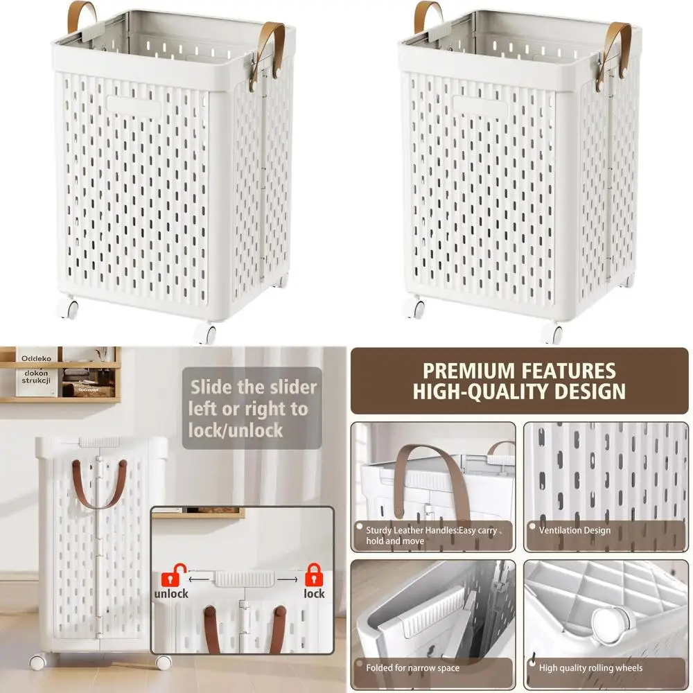 

Collapsible Plastic Laundry Hamper with Wheels, 67L Foldable Basket Organizer for Laundry and Bathroom (White)