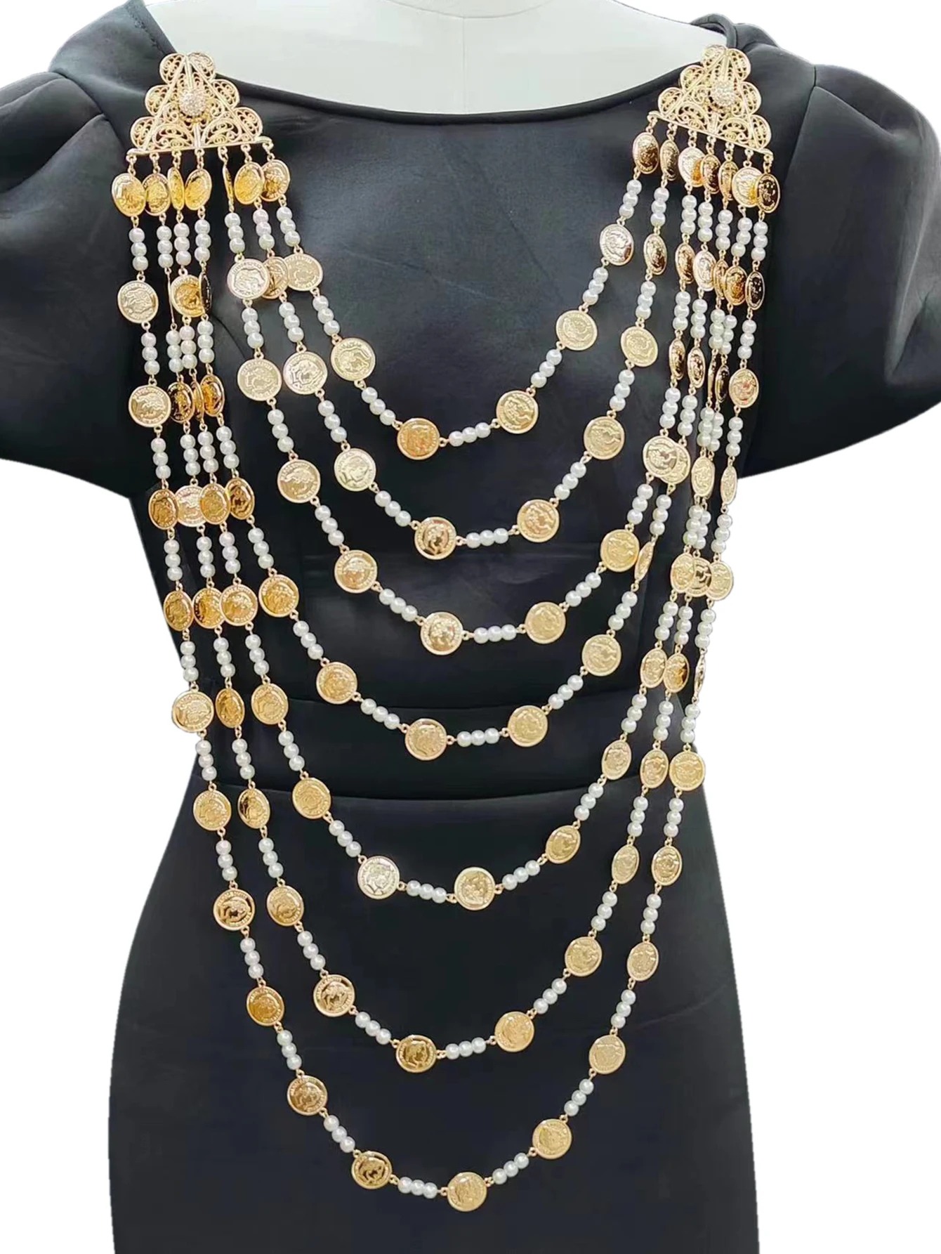 New Algerian Bridal Jewelry Multi Chain Full Handmade Coin Large Necklace Head Chest Chain Arab Wedding Dress Body Jewelry