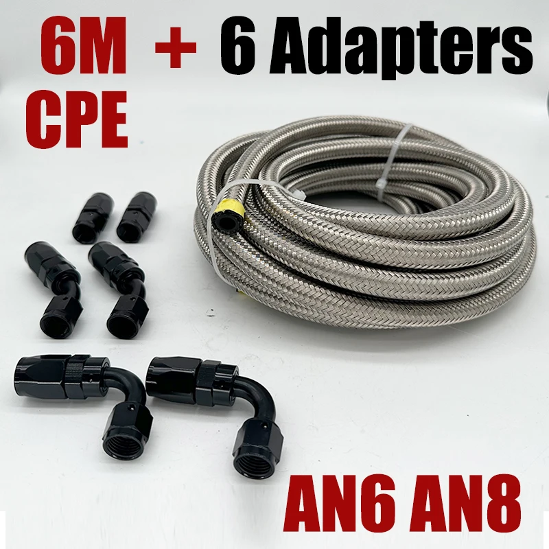 

20FT 6M AN6 AN8 Stainless Steel Braided CPE Rubber Car Fuel Hose Line 0/45/90 Degree Hose End Fitting Adapters Hose Line Kit