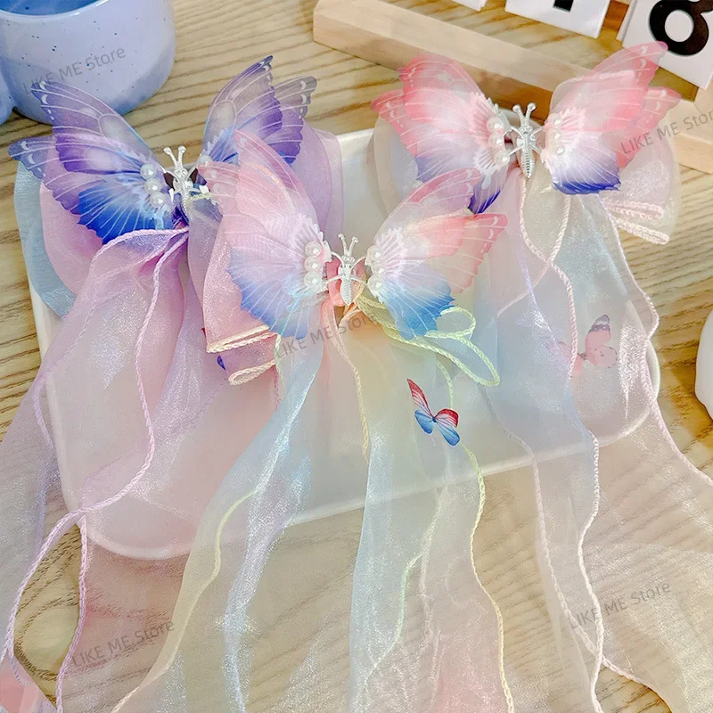 Elegant Trendy Mesh Gradient Butterfly Bow Tassel Hair Clips Decorative Hair Accessories for Holiday Party Girls Accessories