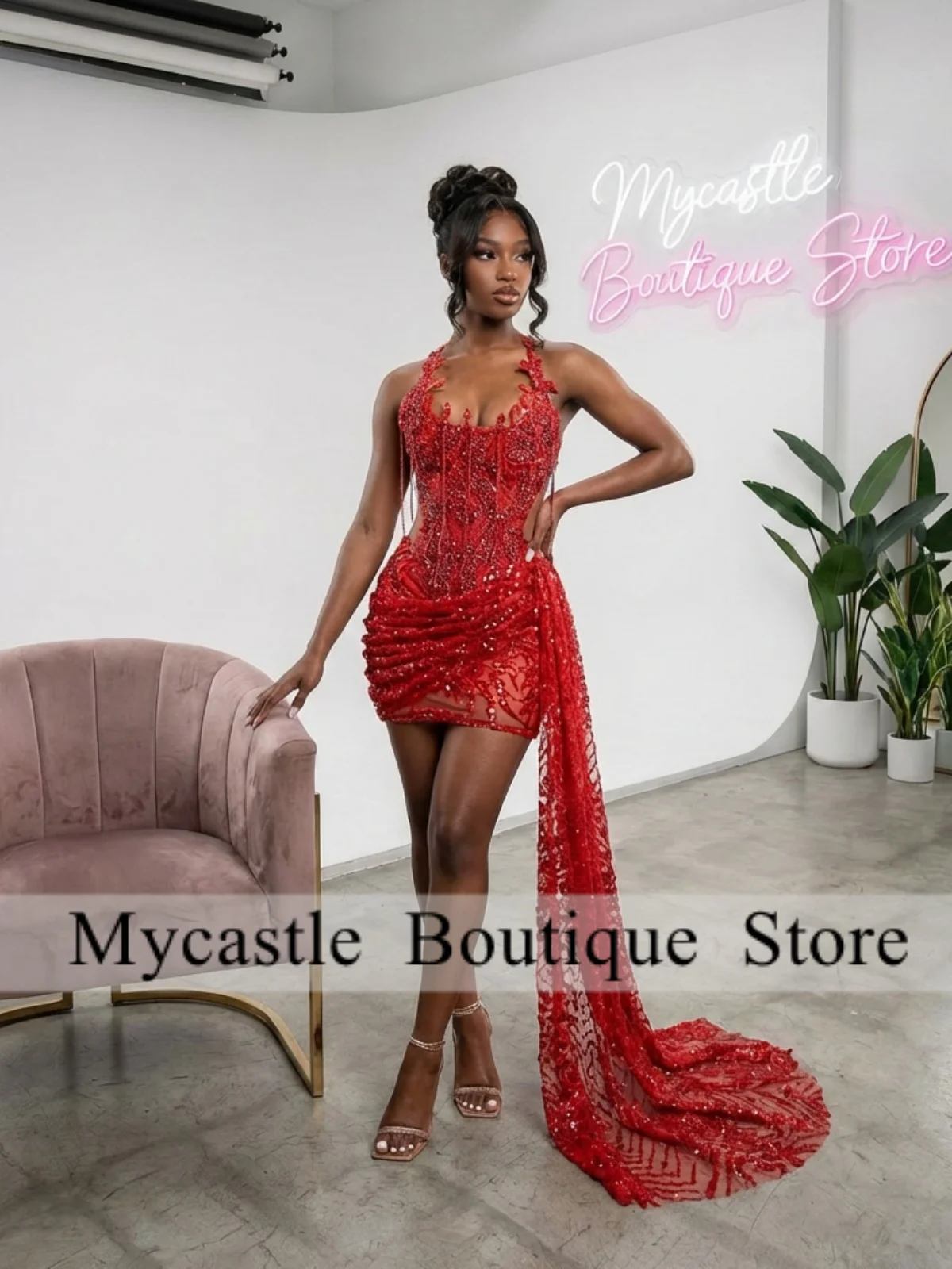 Homecoming Chic Red Halter Neck Beaded Ruched Mini High Low Side Train Cocktail Party Prom Dresses for Women Customized Cocktail image 2