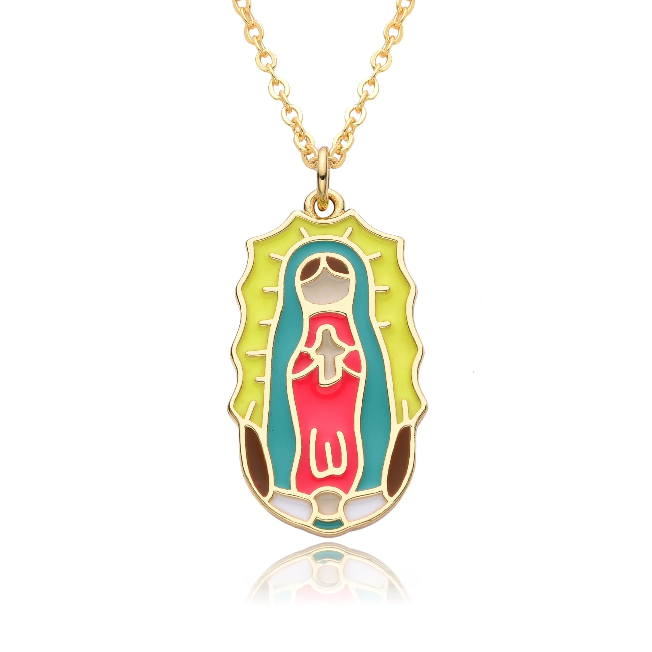 Gold Color Our Lady Enamel Flower Virgin Mary Jesus Charms Cubic Zirconia Colored Necklace for Women Pendant Jewelry DIY Making