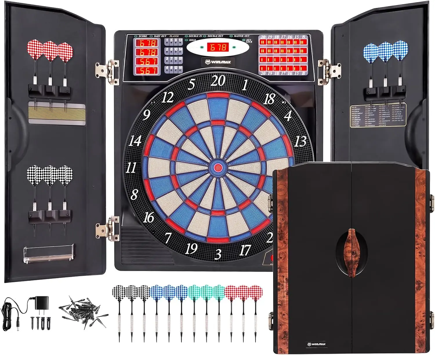 

Electronic Dart Board Cabinet Set with LED Scoring, 38 Games, 12 Soft Tip Darts, Ideal for Adults