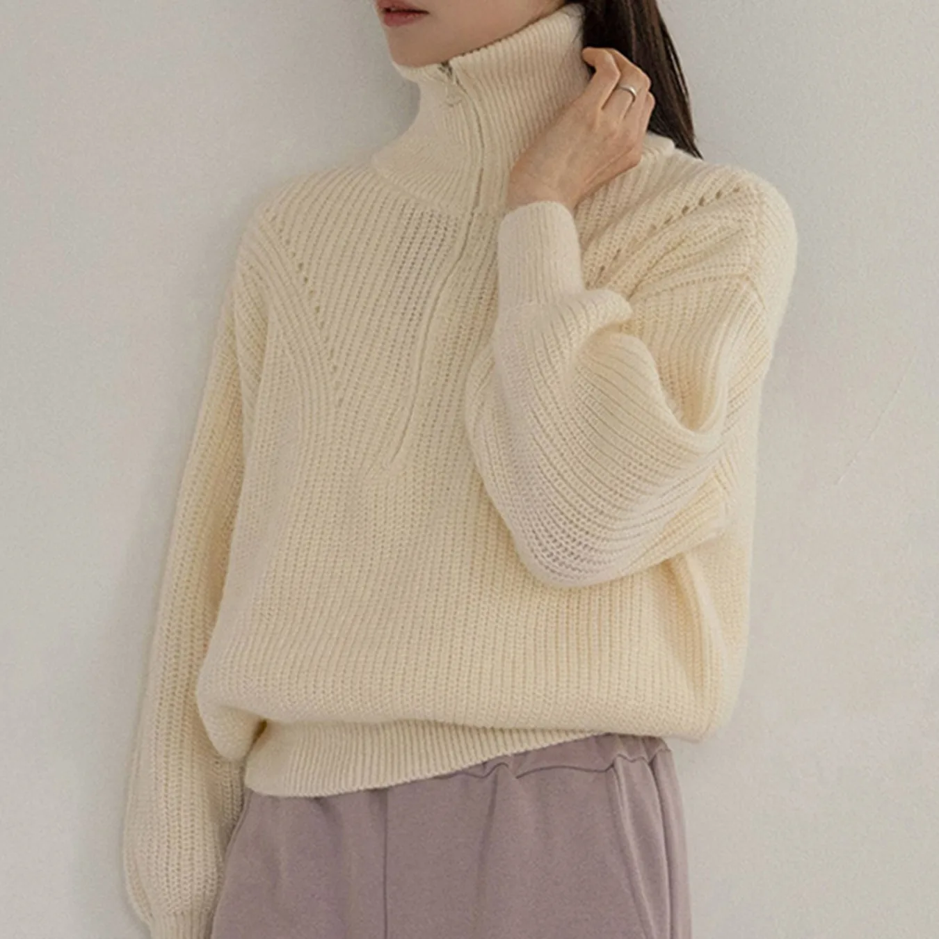 

Chic Autumn Winter High Ne Thiened f Zip Hollow out Color Long Sve Knitted Sweater Korean Sle Straight Cut