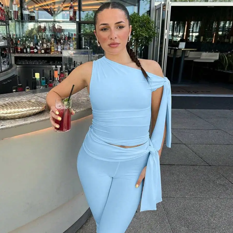 

Women Two Piece Set One Shoulder Sleeveless Draped Top Capri Leggings Slim Fit Elegant Party Outfit