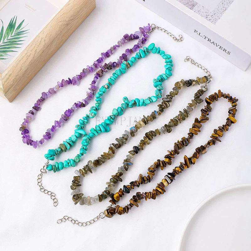 5PCS Natural Crystal Gravel Necklace Raw Stone Polished Tiger Eye Crystal Beaded Jewelry Collarbone Necklace