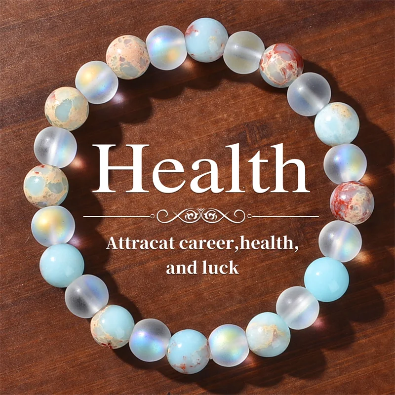 1-teiliges Aura-Quarz- und Ozeessediment-Perlenarmband – Unisex – Homeopathischer Kristallschmuck – bringt Fülle – Wohlstand