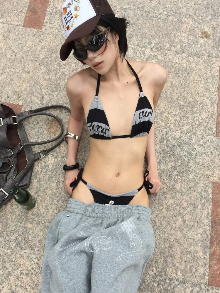 

Women's Triangle Bikini Set Striped Sexy Y2K Gothic Micro Bikini Swimwear Summer Beach Vacation Party Bathing Suit For Women