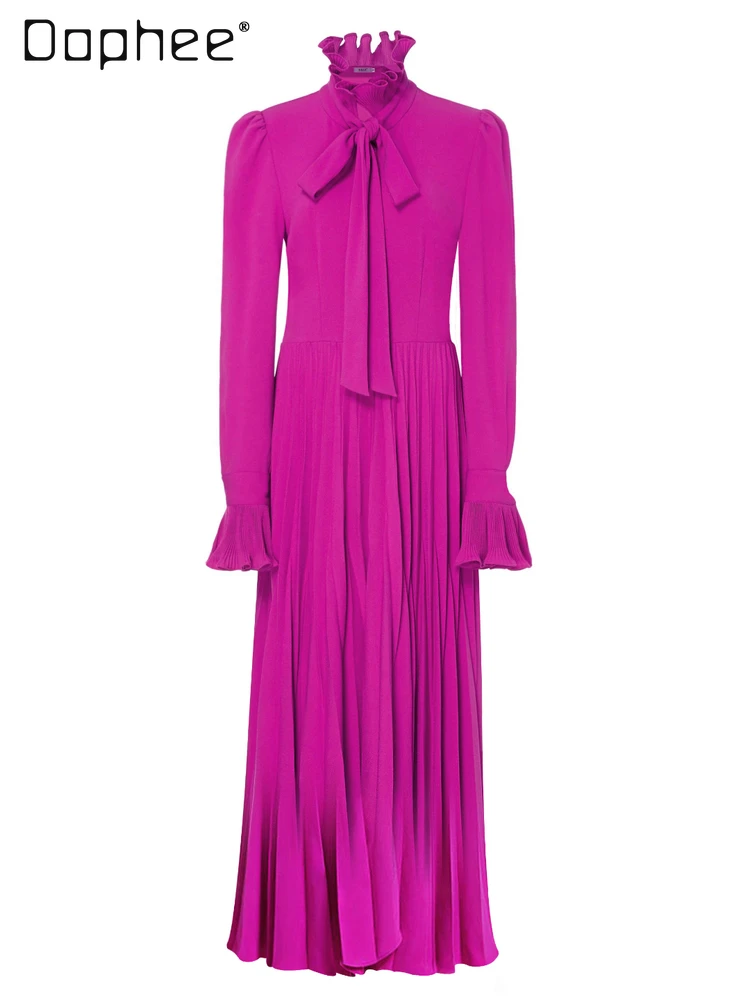 Vestido rojo rosa Vintage de gama alta para mujer, vestidos de noche elegantes con temperamento, vestido largo de manga larga con cuello redondo y volantes de lujo ligero