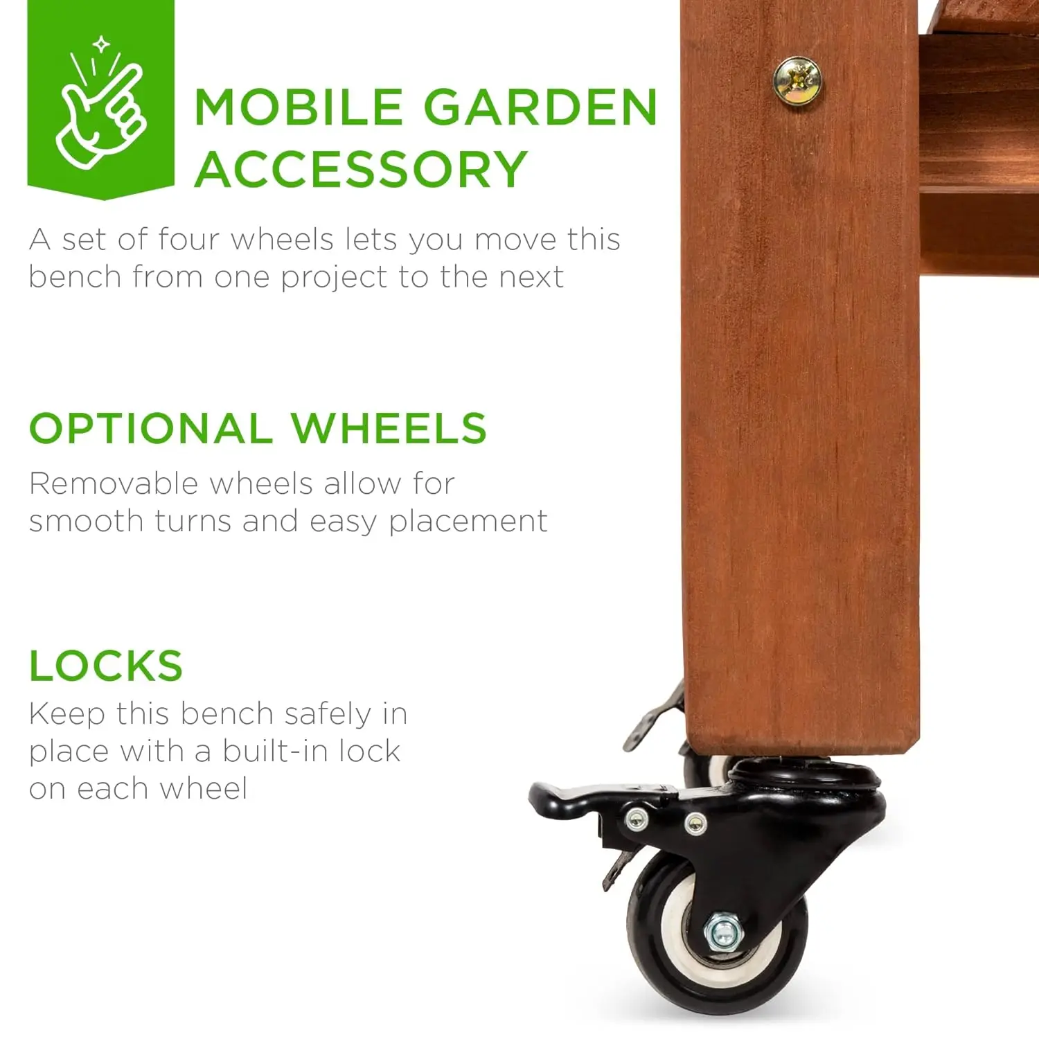 مقعد متنقل للحديقة، طاولة محطة عمل خشبية خارجية مع سطح منزلق، 4 عجلات قفل، حوض جاف للطعام، مقاس S