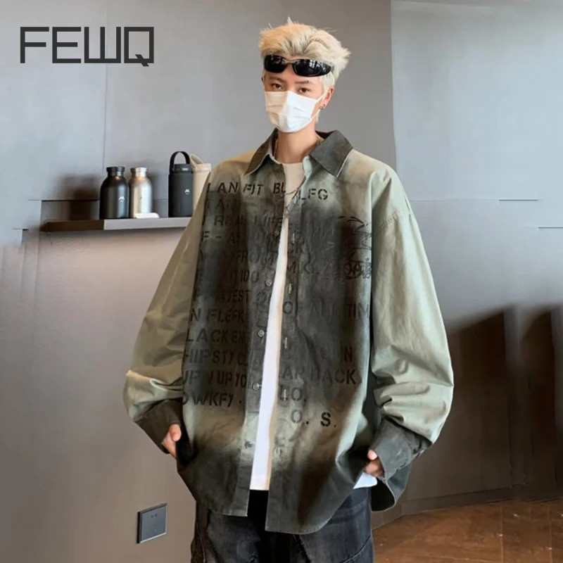 

FEWQ New Male Shirts Letter Printing Turn-down Collar Worn-out Single Breasted Long Sleeve Contrast Color Men Top Autumn 24E2285