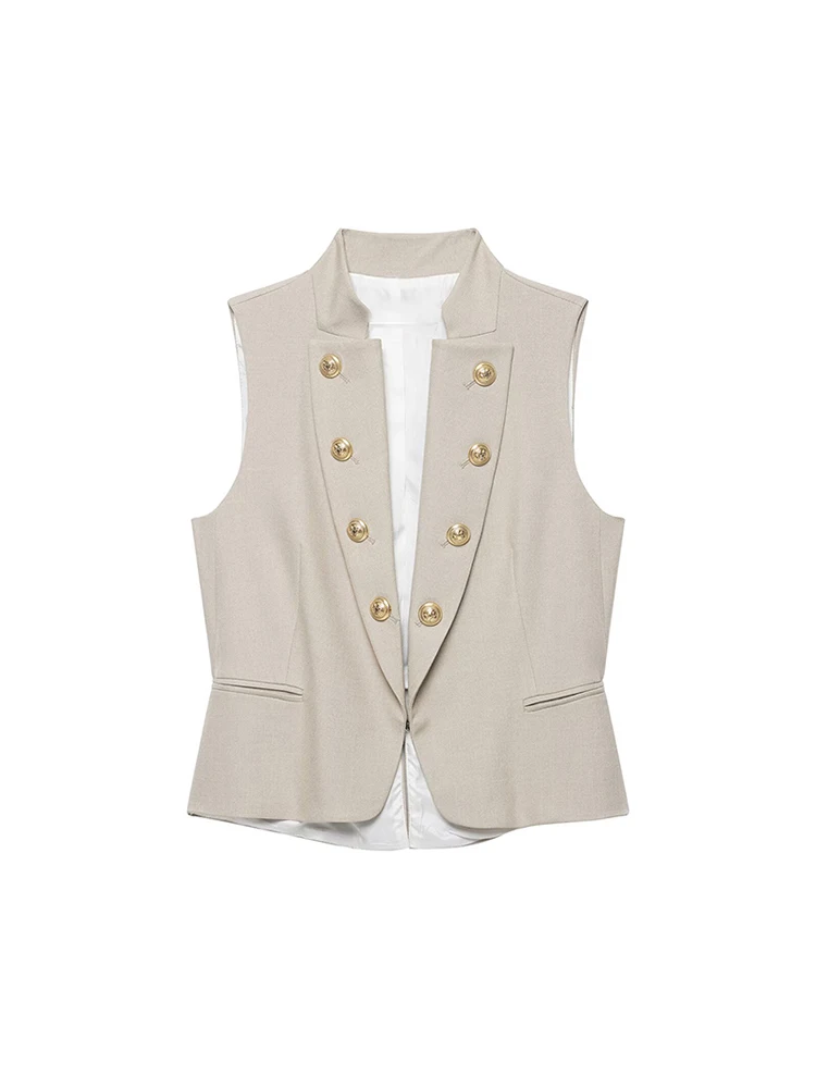TFMLN Women's Stand Collar Vest Slim Sleeveless Double Breasted Fitted Crop Waistcoat Fashion Street Daily Casual Fashion Outfit
