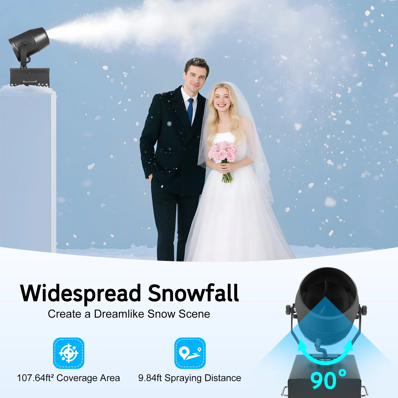 

108ft² Wireless Remote Control Stage Snow Machine Snowflake Maker for Wedding Parties Photography Decoration 2000W, 90° Rotation