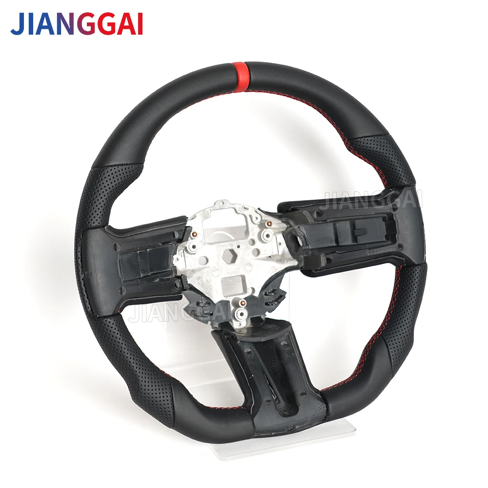 Car Steering Wheel For Mustang 2010 2011 2012 2013 2014 Mustang Full Leather Steering Wheel Black Smooth Leather Flat Bottom