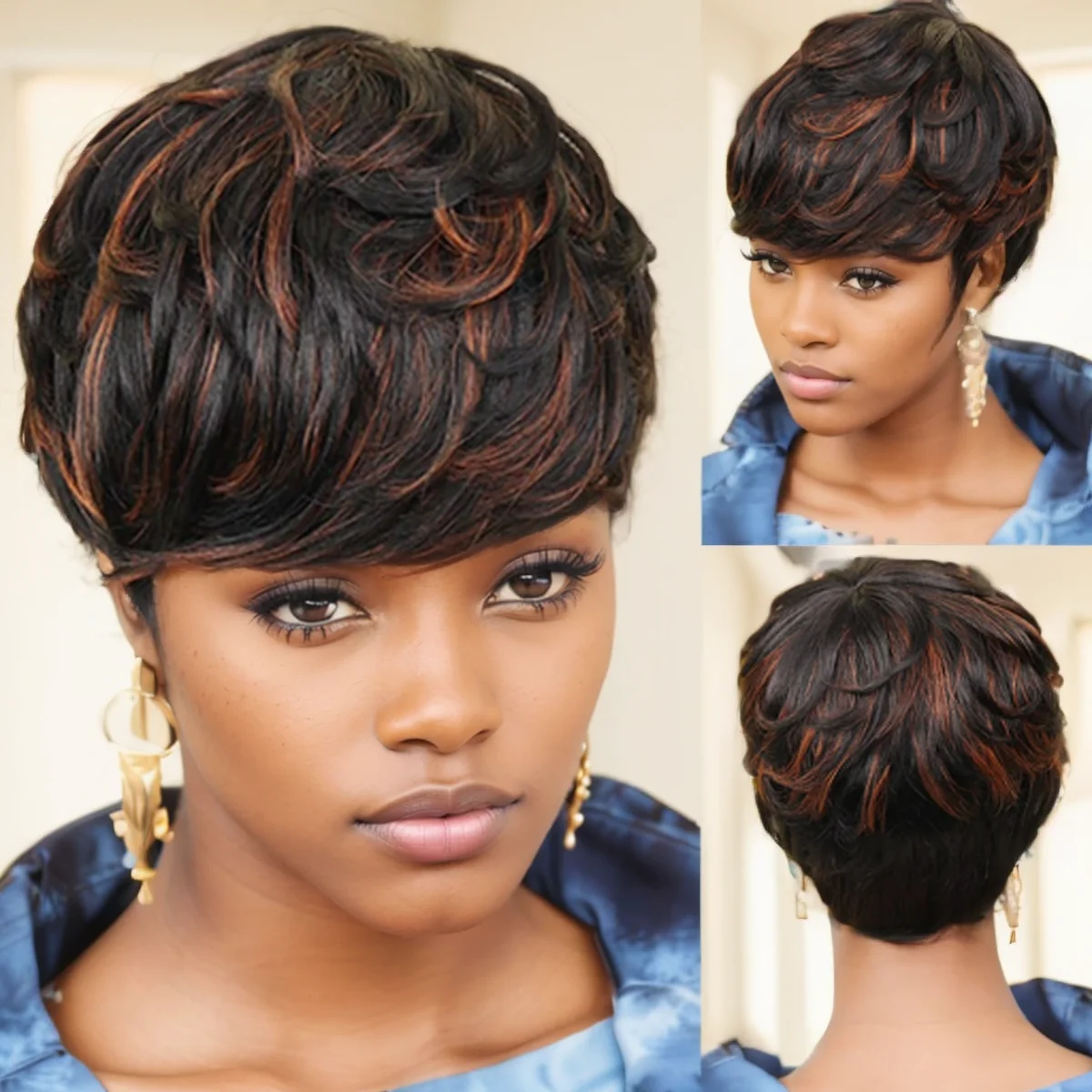 

Short Black Synthetic Nature Straight Pixie Cut Water Wave Curly Hair Bob Cheap Wig With Bangs Hair Full Machine For Black Women