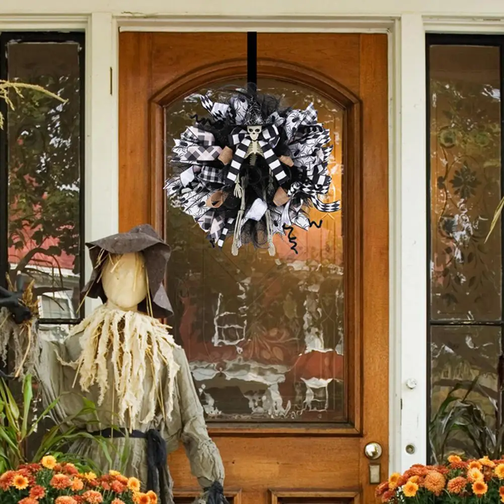 

Kitchen Halloween Decoration Spooky Halloween Skull Witch Hat Garland with Skeleton Spider Mesh Wreath for Farmhouse for Home