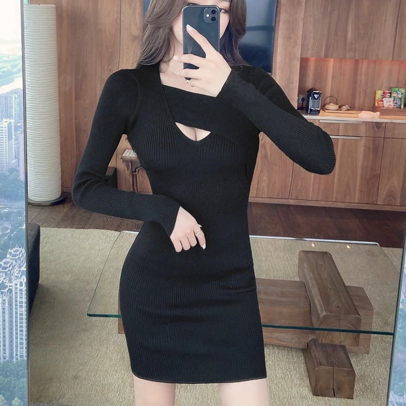 

Осень-зима вязаные черные платья женские элегантные модные корейские Y2k одежда повседневное тонкое женское офисное базовое облегающее мини-платье