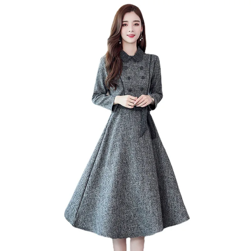 

Women's gray long sleeved tweed dress 2024 new autumn/winter small fragrant style waist cinching temperament dress