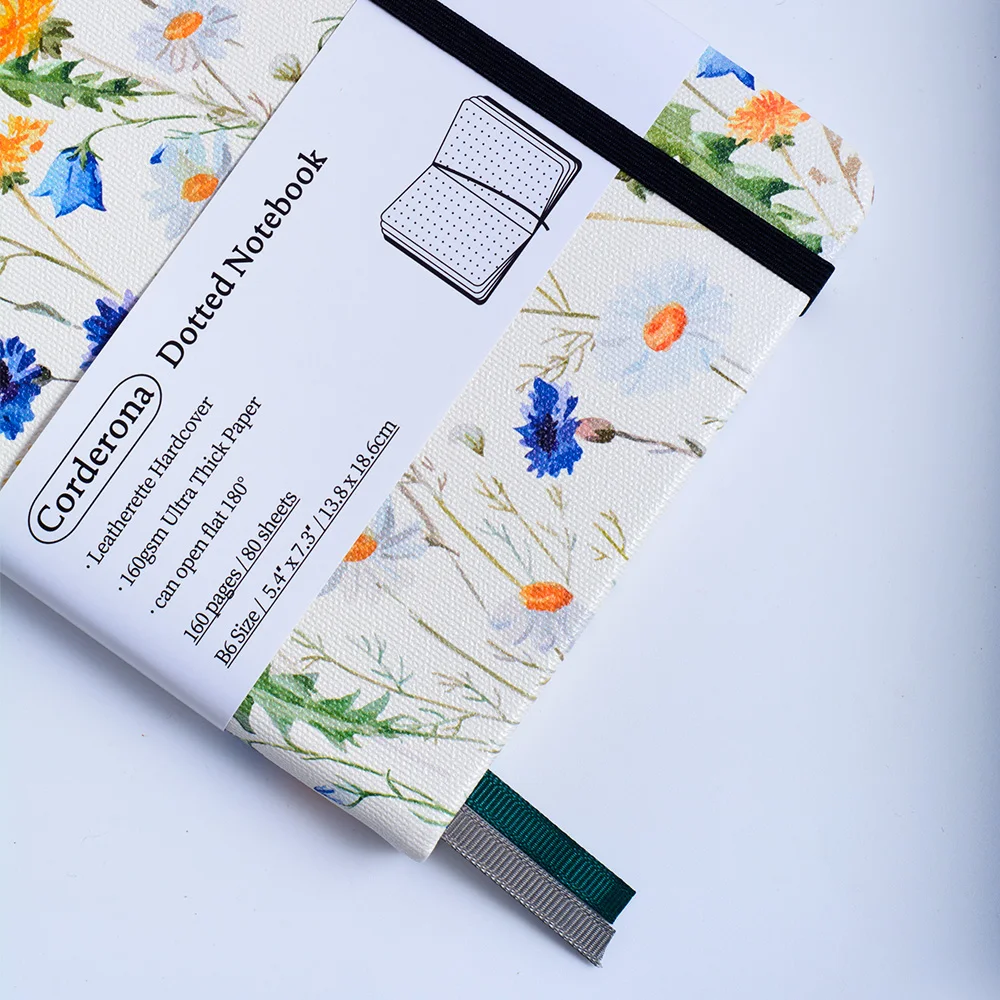 Corderona Floral Hardcover Notebook, bala pontilhada Journal, papel grosso, elástico, 160gsm