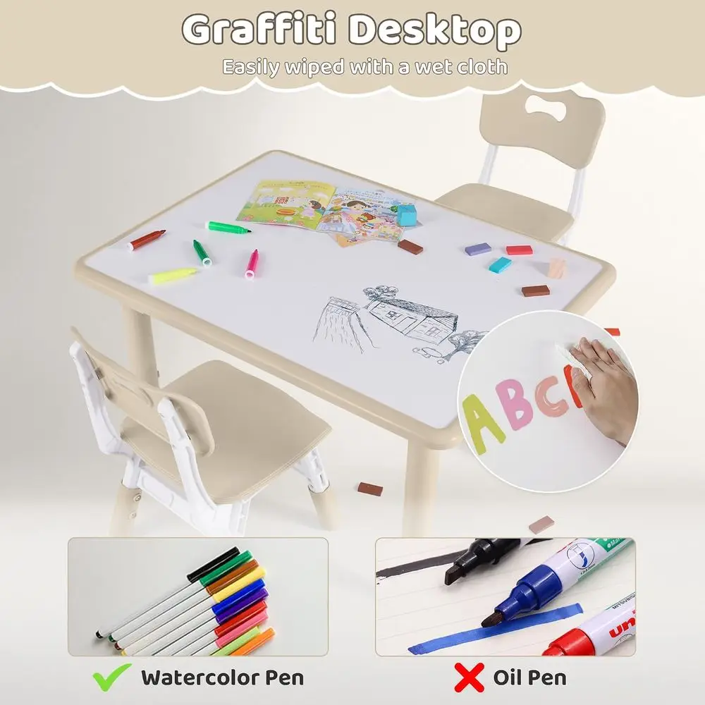 Kids Table and 4 Chairs Set, Height Adjustable (17.7"-26.1") Toddler Table and Chair Set, Multi-Activity Table with Graiti Deskt view 3