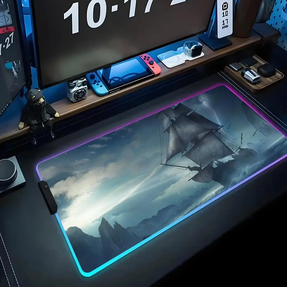 

pirate ship wallpaper Mouse Pad RGB Gaming Mousepad Big LED Pad PC Desk Mat Luminous Mouse Pad Large Keyboard Mats Table Rug